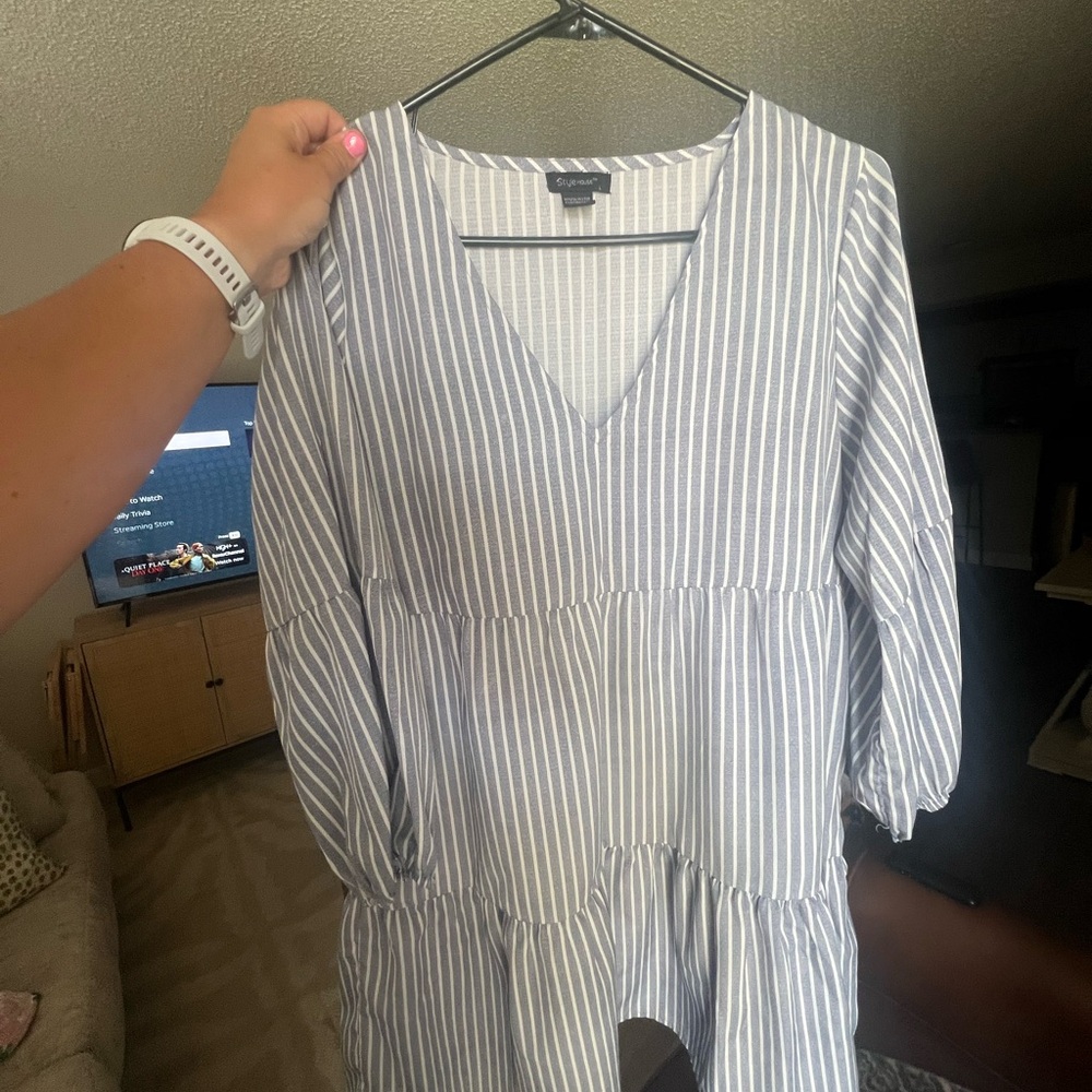 Gray and White Striped V-Neck Dress